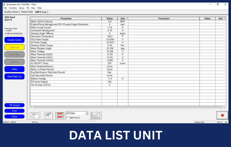 Toyota Techstream Data List Unit